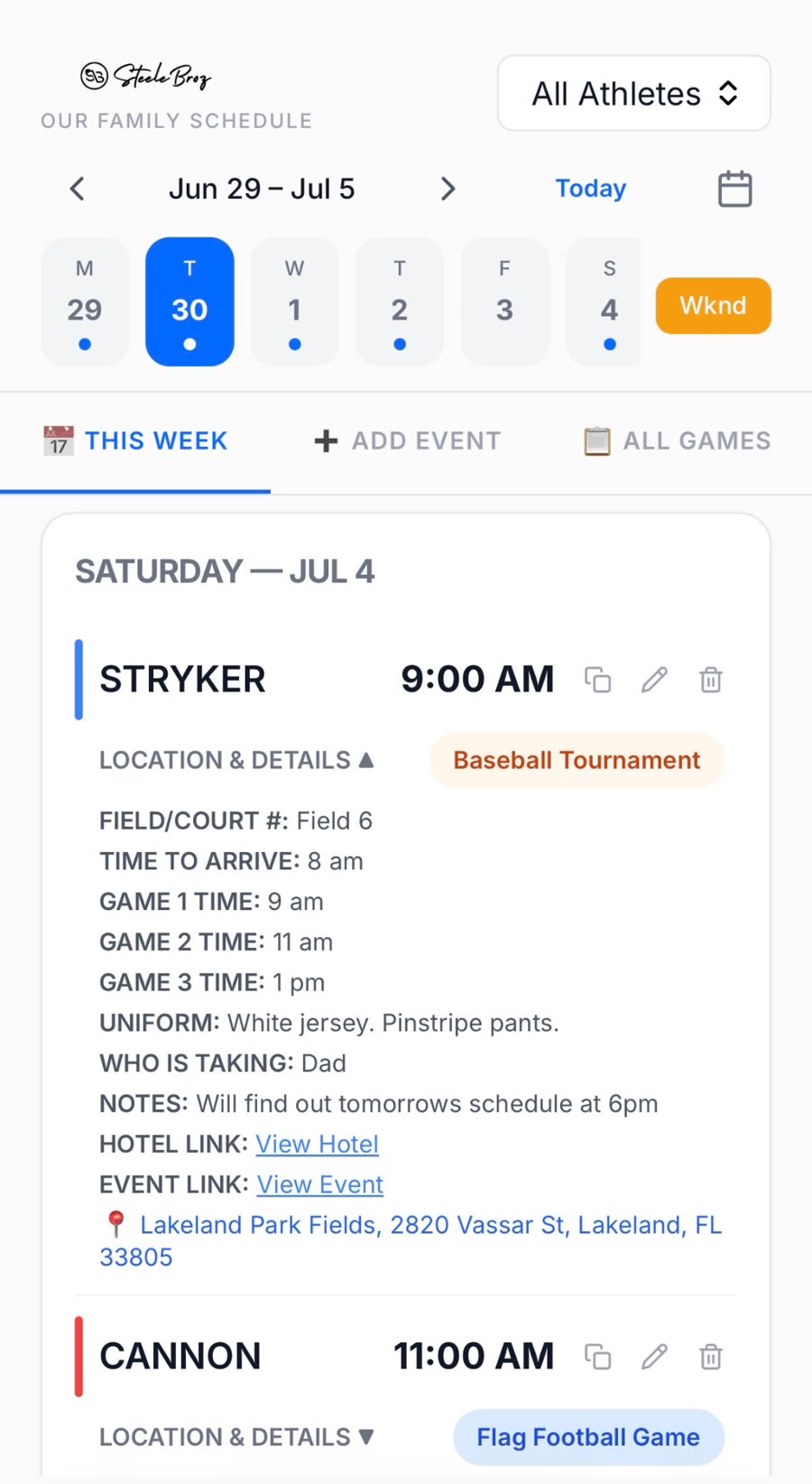 Family Sports Schedule