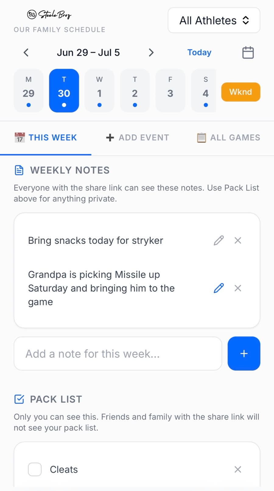 Family Sports Schedule