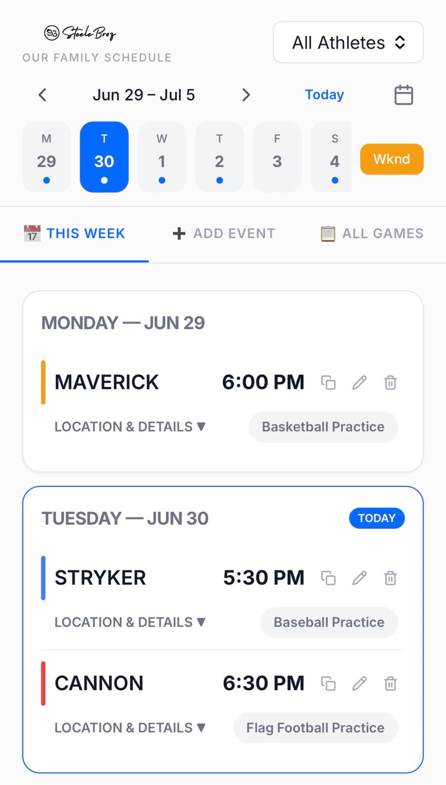 Family Sports Schedule